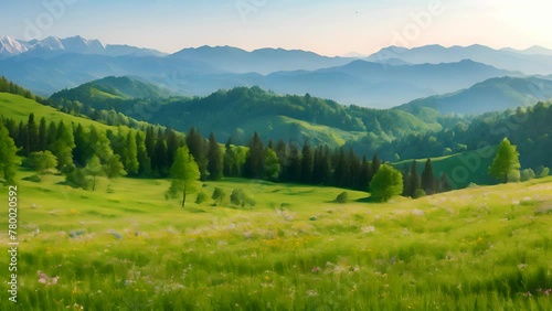 Tranquil Scenery of Green Grasslands and Majestic Mountains photo