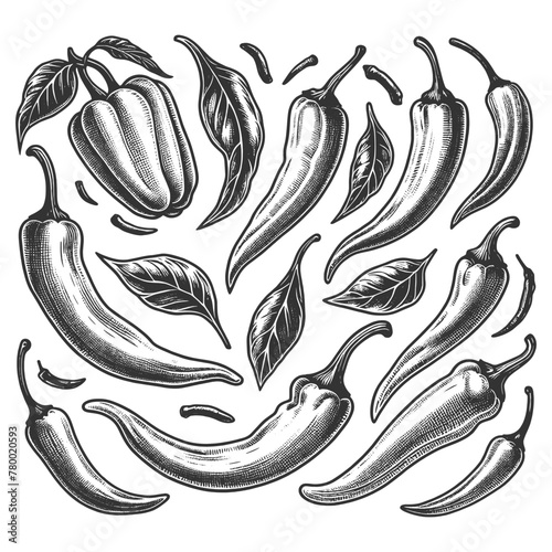 Set of various chili peppers and leaves, showcasing detailed horticultural art sketch engraving generative ai vector illustration. Scratch board imitation. Black and white image.