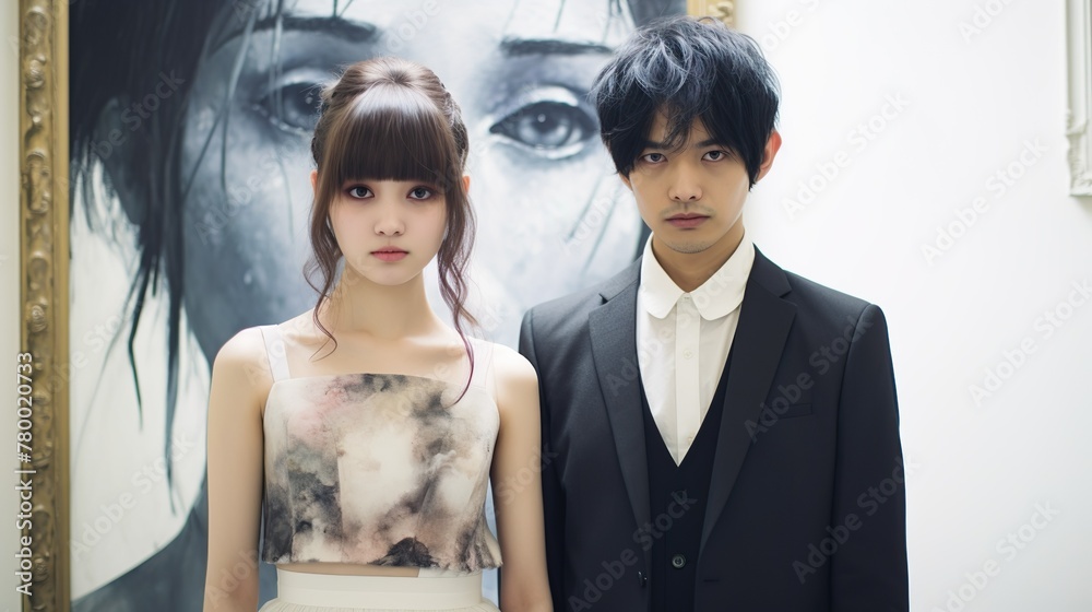 An elegantly dressed young couple stands in front of a large portrait, creating a unique layered visual