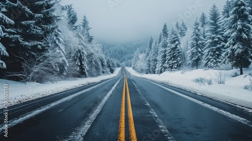 An empty road through the snow whispers of escape, exploration, and the enduring spirit of adventure