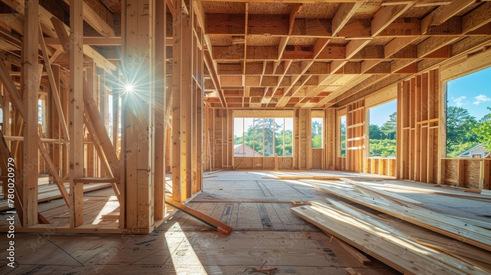 Wooden framing of a house under construction with sunlight flare. Residential building development and architecture concept