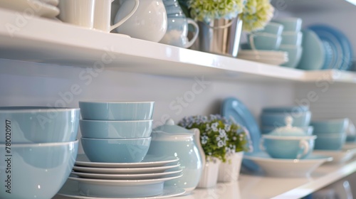 Close-up in 4K of a chic kitchen shelf, focused on the organization and display of modern dinnerware