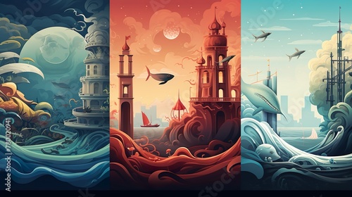 Three mystical towers emerge from a roiling ocean under a night sky across three panels, blending themes of fantasy and nautical adventure photo