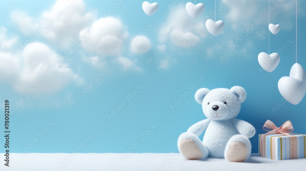 The serene blue background, adorned with heart-shaped clouds, enhances the charm of a bear toy in this atmospheric composition.