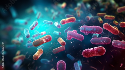 A highly detailed 3D render of bacteria floating within a space-like environment, highlighting science and microbiology