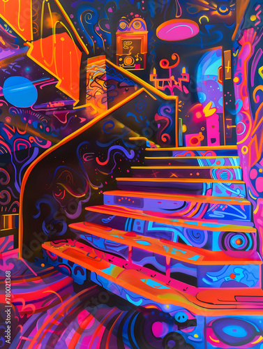 A colorful staircase with a neon light on the top. The staircase is painted in neon colors and has a unique design