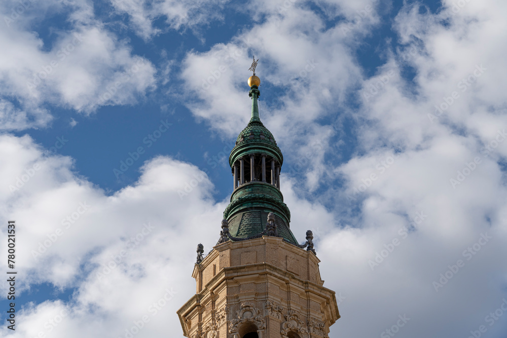 Elegant Mudejar Tower Against Clear Sky - Zaragoza Basilica Detail