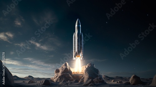 Image depicts a rocket in mid-take-off amidst a barren lunar-like terrain, evoking the anticipation of space exploration