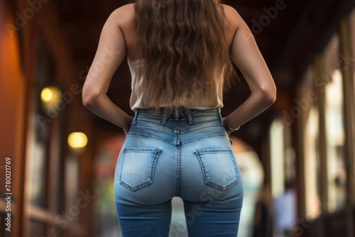 Tight blue jeans accentuate the attractive silhouette of a young woman, embodying health and sensuality.