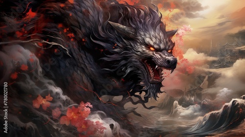 A fierce mythical wolf with glowing red eyes set against a dramatic backdrop of fiery landscape and cherry blossoms