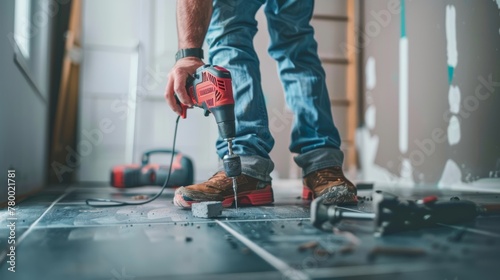 Worker using a cordless drill on a floor tile. Home renovation and construction concept for design and print