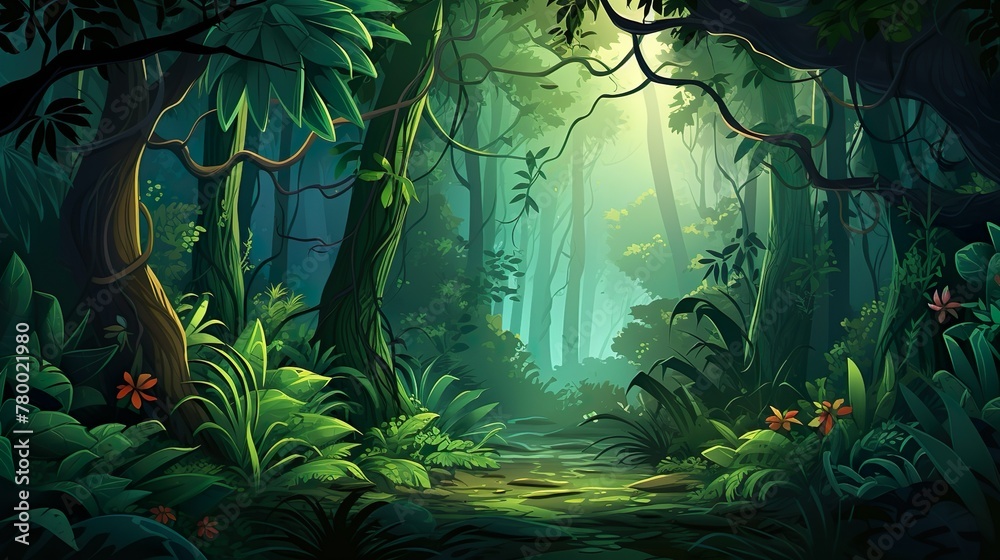 A mesmerizing path winds through a dense jungle, sunlight piercing through foliage creating a magical ambiance