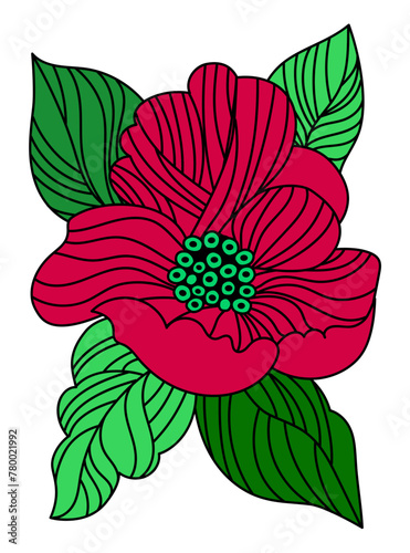 Beautiful red flower surrounded by leaves. Theme of flowering and love. Protection of Nature. Drawing in flat style. Vector illustration