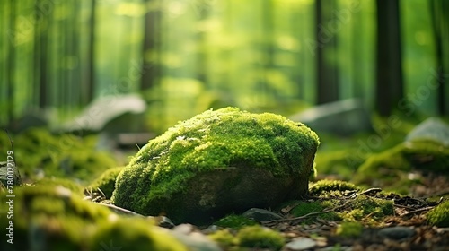 Sunlight filters through the dense canopy of a forest, highlighting the mossy rocks below