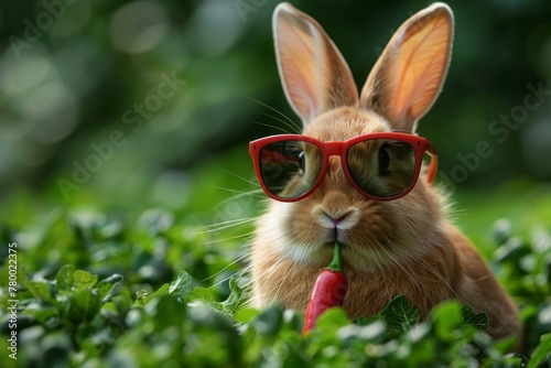 Rabbit with red sunglasses eating red pepper, grass
