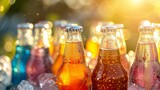 colorful soda bottles with morning dew and bokeh lights