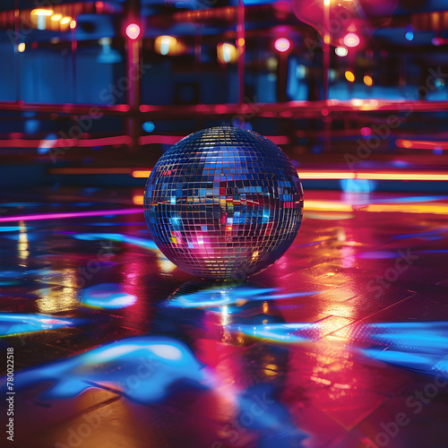 A disco ball is sitting on a dance floor with lights shining on it. Scene is energetic and fun, as it suggests a party or a dance event