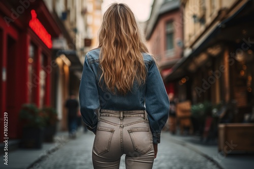 City sophistication unveiled-a long-haired blonde in jeans, viewed from the back, becomes a focal point in the urban environment.