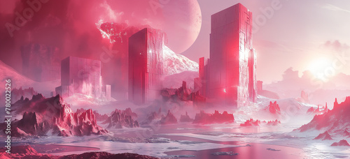 A surreal landscape of an alien planet, with skyscrapers made from pink crystals photo