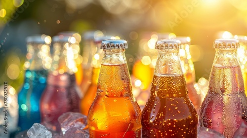 colorful soda bottles with morning dew and bokeh lights photo