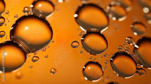A compelling image featuring vibrant oil bubbles interspersed with clear water drops against an orange backdrop accentuating translucence