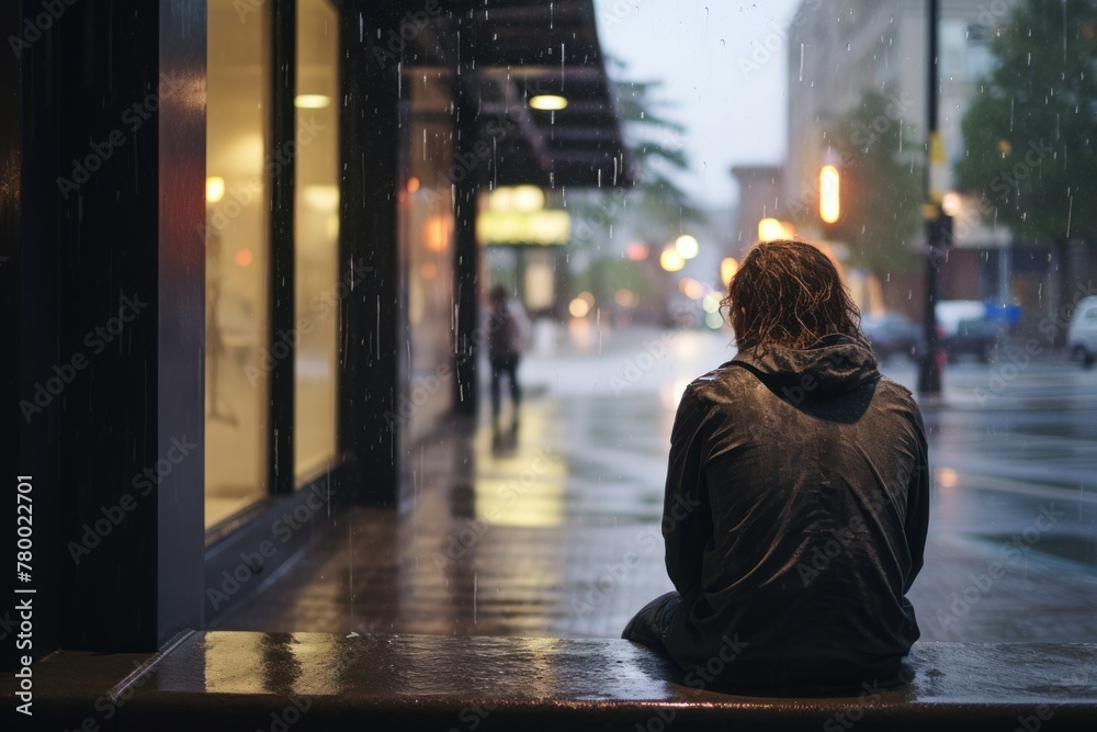 Obraz premium Alone and exhausted, a man sits on a wet street in the evening rain, surrounded by the transparent pain of homelessness and despair.