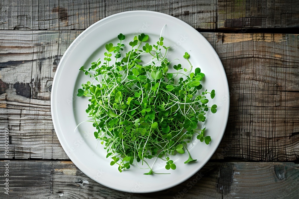 Fresh microgreen in plate on wooden table Fresh microgreen in plate on wooden table