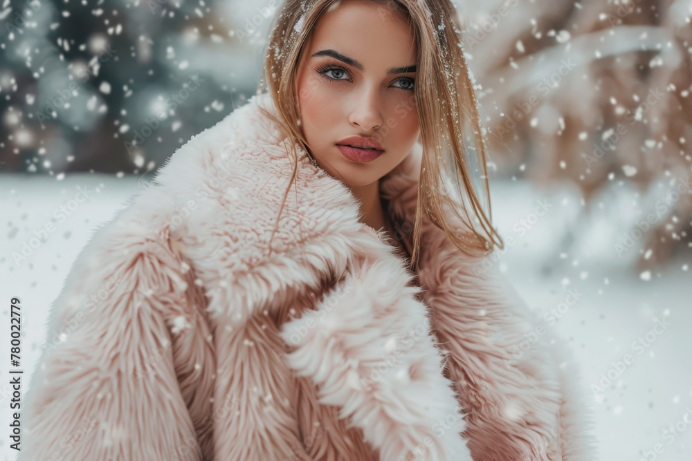 A woman wearing a pink fur coat is standing in the snow