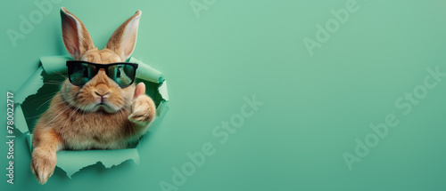 An amusing image of a lively bunny wearing cool sunglasses giving a thumbs up through a green paper © Fxquadro