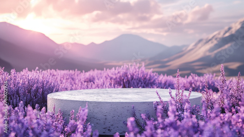 An outdoor podium for product display, surrounded by lavender flowers,mauntains landscape 