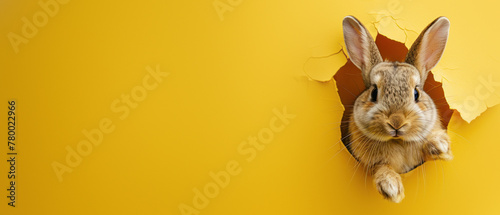Charming brown rabbit emerging through a torn hole in a vibrant yellow paper, symbolizing surprise