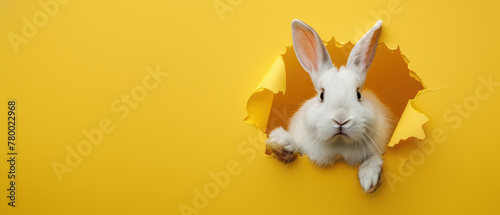 A cute white rabbit head poking out of a torn yellow paper background, concept of curiosity