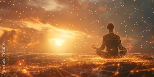 Artistic representation of a person in meditation, with neural link filaments reaching out to distant figures