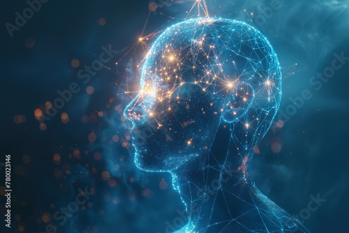 Illustration of a human with a luminous neural interfaces, blue glowing light