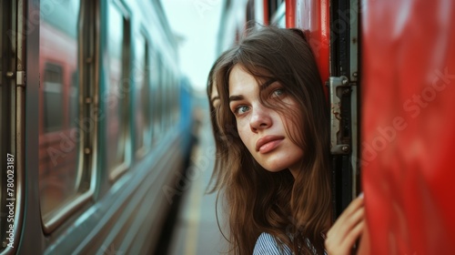 Young woman leaning out of a train door looking contemplative. Urban travel and adventure concept