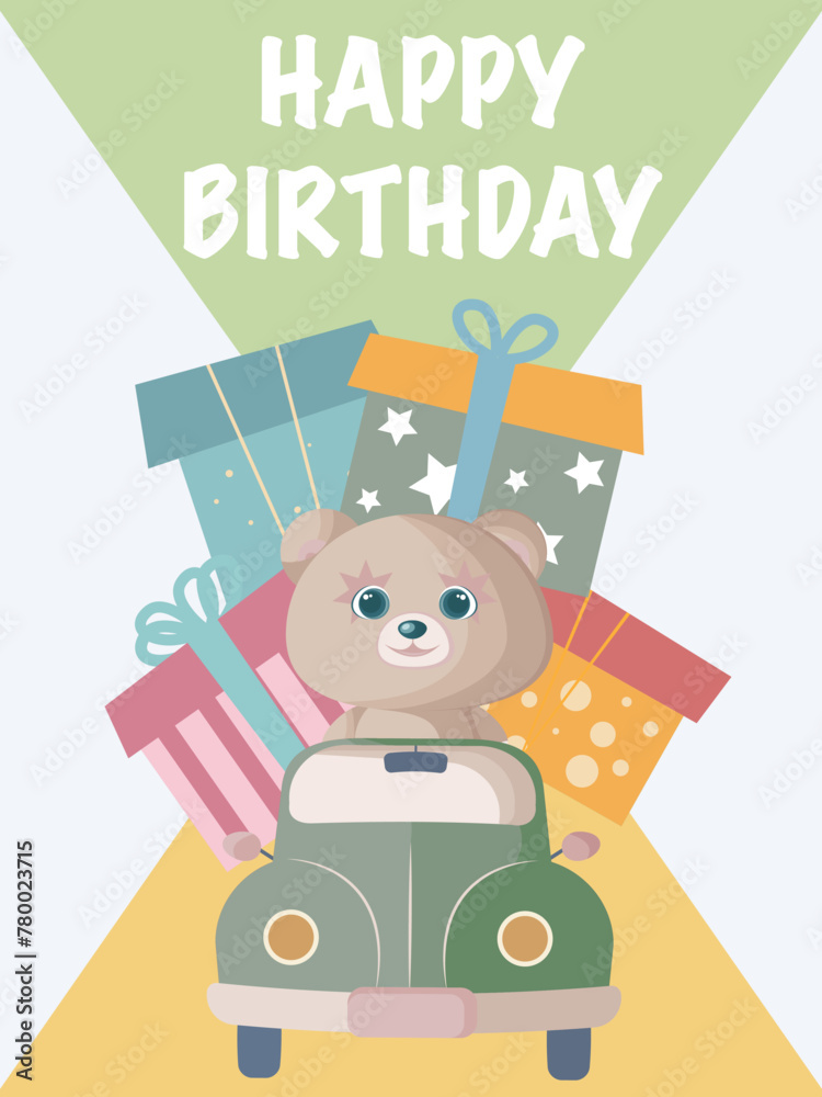 Birthday card with teddy bear driving car and gifts