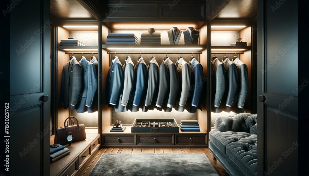 Part of a luxurious men's wardrobe, sorted by color and material and hung on special hangers in a beautifully designed closet. Chic men's wardrobe.