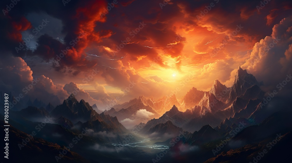 A stunning vivid sunset illuminates the sky with warm hues above a dramatic mountainous landscape filled with sharp peaks and deep valleys