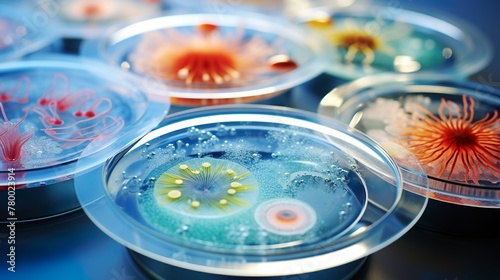 This image displays a vibrant collection of petri dishes, each containing a uniquely patterned bacterial culture