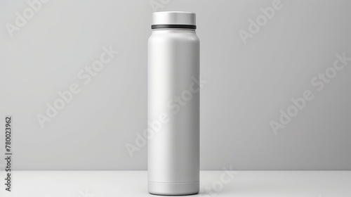 Vertical composition of a stainless steel water bottle on a light backdrop, emphasizing tall, clean design