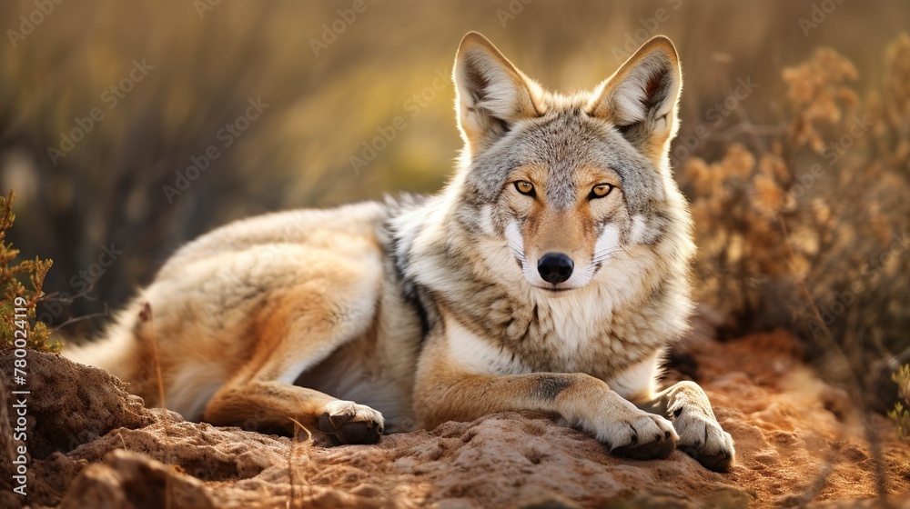 A sharp image portraying a coyote lying down, capturing its gentle gaze and the warm, golden hues of the wilderness around it