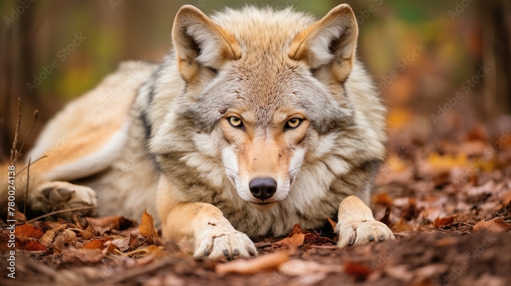 Strikingly intrepid image featuring a coyote’s compelling stare against an autumn background rich with color and life
