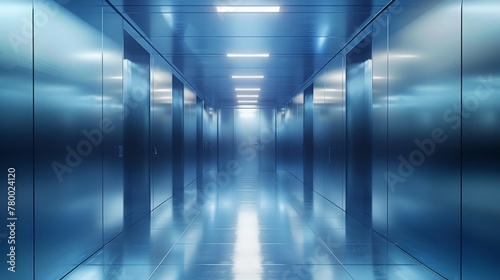 modern high-tech corridor with reflective blue lighting