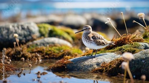 A tranquil scene featuring a lone shorebird perched on a green moss-covered rock beside calm blue waters photo