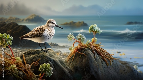 An artistic depiction of a sandpiper on a rocky shoreline with surreal clouds and flora adding a dreamy atmosphere photo