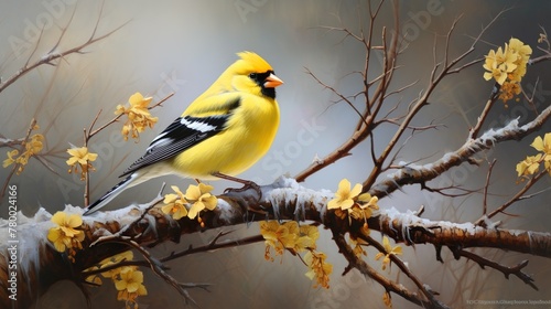 A vibrantly colored yellow bird sits among blooming yellow flowers on a branch, evoking spring's renewal © Damerfie