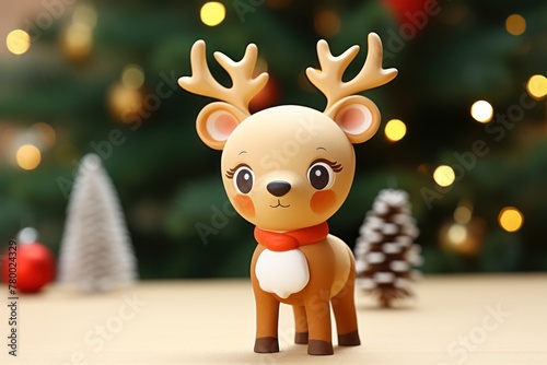 Festive scene: a small deer toy against a light background, adorned with a Christmas tree.