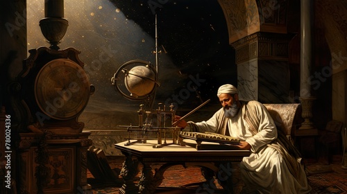 A scholar engages with astrolabes and celestial charts in a historical study room photo