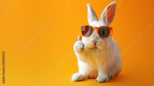 An endearing image of a cute white rabbit with orange spectacles gesturing a thumbs-up on a cheerful orange background photo