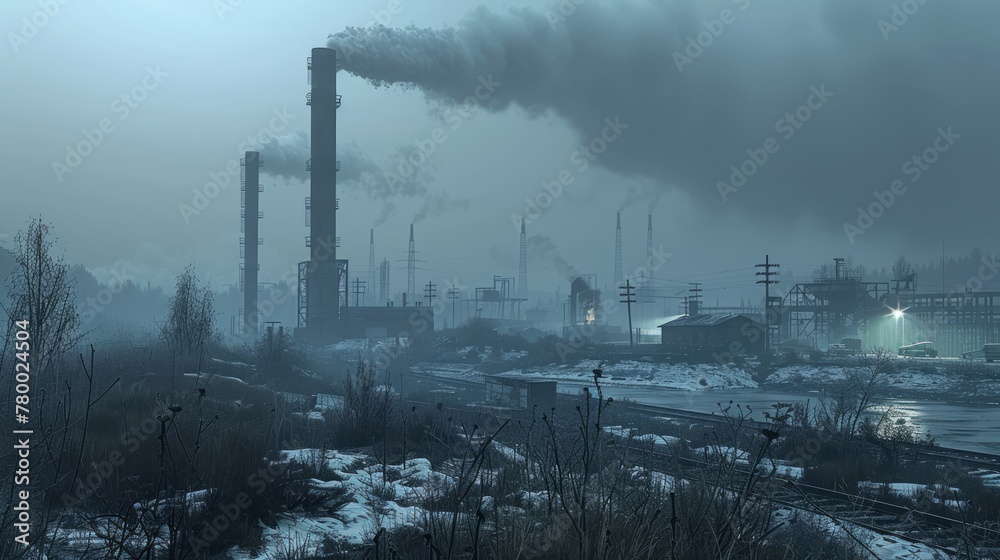 Dramatic industrial skyline with pollution at dawn